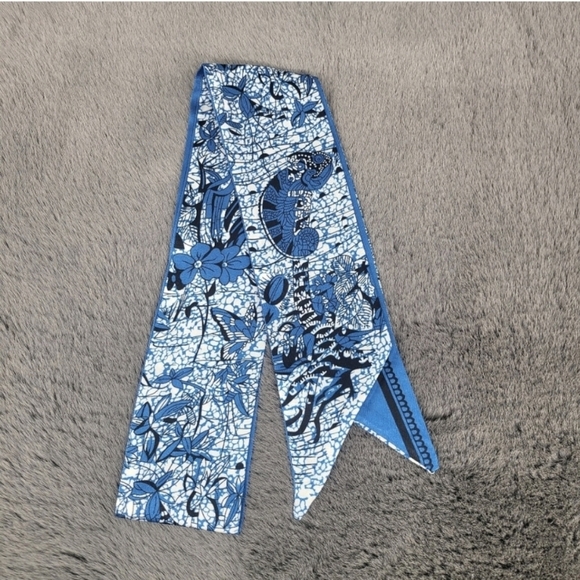 New Blue Chameleon Silk Skinny Scarf Twilly - Picture 5 of 7